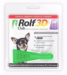 Капли для собак RolfClub 3D (Рольф Клуб) до 4 кг от клещей, блох, вшей, комаров, одна пипетка