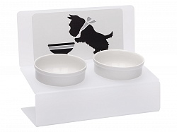 Миска для собак АртМиска "Щенок и миска" двойная на подставке, белая полупрозрачная 2 х 350 мл