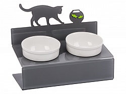 Миска для кошек АртМиска "Кот и рыбы" двойная на подставке, серая 2 х 360 мл