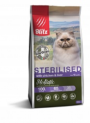 Сухой низкозерновой корм Blitz Holistic Adult Sterilised Cat для кастрированных и стерилизованных кошек и котов, курица и печень