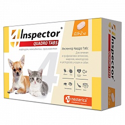 Таблетки для кошек и собак 0,5-2 кг Inspector Quadro Tabs от внешних и внутренних паразитов, 4 таблетки