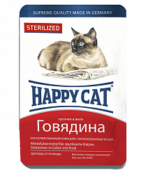 Влажный корм Happy Cat Sterilized для стерилизованных кошек, кусочки в желе говядина 100 г х 22 шт.
