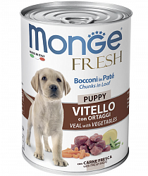 Консервы для щенков Monge Dog Fresh Chunks in Loaf мясной рулет с кусочками телятины и овощами, 0,4 кг