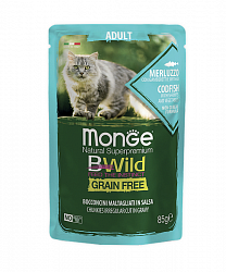 Monge Cat BWild Grain Free паучи для взрослых кошек, из трески с креветками и овощами 85 г