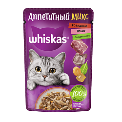 Влажный корм Whiskas «Аппетитный микс» для кошек с говядиной, языком и овощами в желе 75 г х 28 шт.