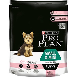 Сухой корм Pro Plan Puppy Small&Mini Sensitive Skin для щенков мелких и карликовых пород с чувствительной кожей, лосось