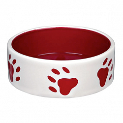 Миска керамическая для собак Trixie с рисунком лап, красно-белая