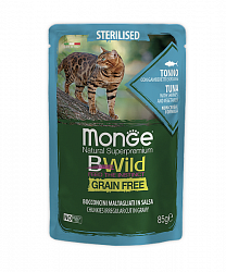 Monge Cat BWild Grain Free паучи для стерилизованных кошек, из тунца с креветками и овощами 85 г