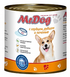 Консервы для собак Mr. Dog с сердцем, рубцом и печенью, 750 г