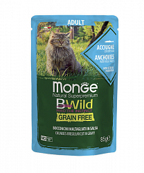 Monge Cat BWild Grain Free паучи для взрослых кошек, из анчоусов с овощами 85 г