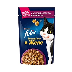 Влажный корм для кошек Felix Sensations с уткой в желе и шпинатом, 85 г х 26 шт. 