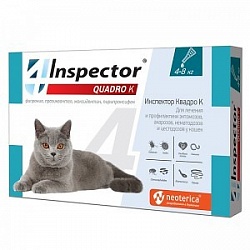 Капли для кошек весом от 4 до 8 кг Inspector Qadro К от внешних и внутренних паразитов, 1 пипетка